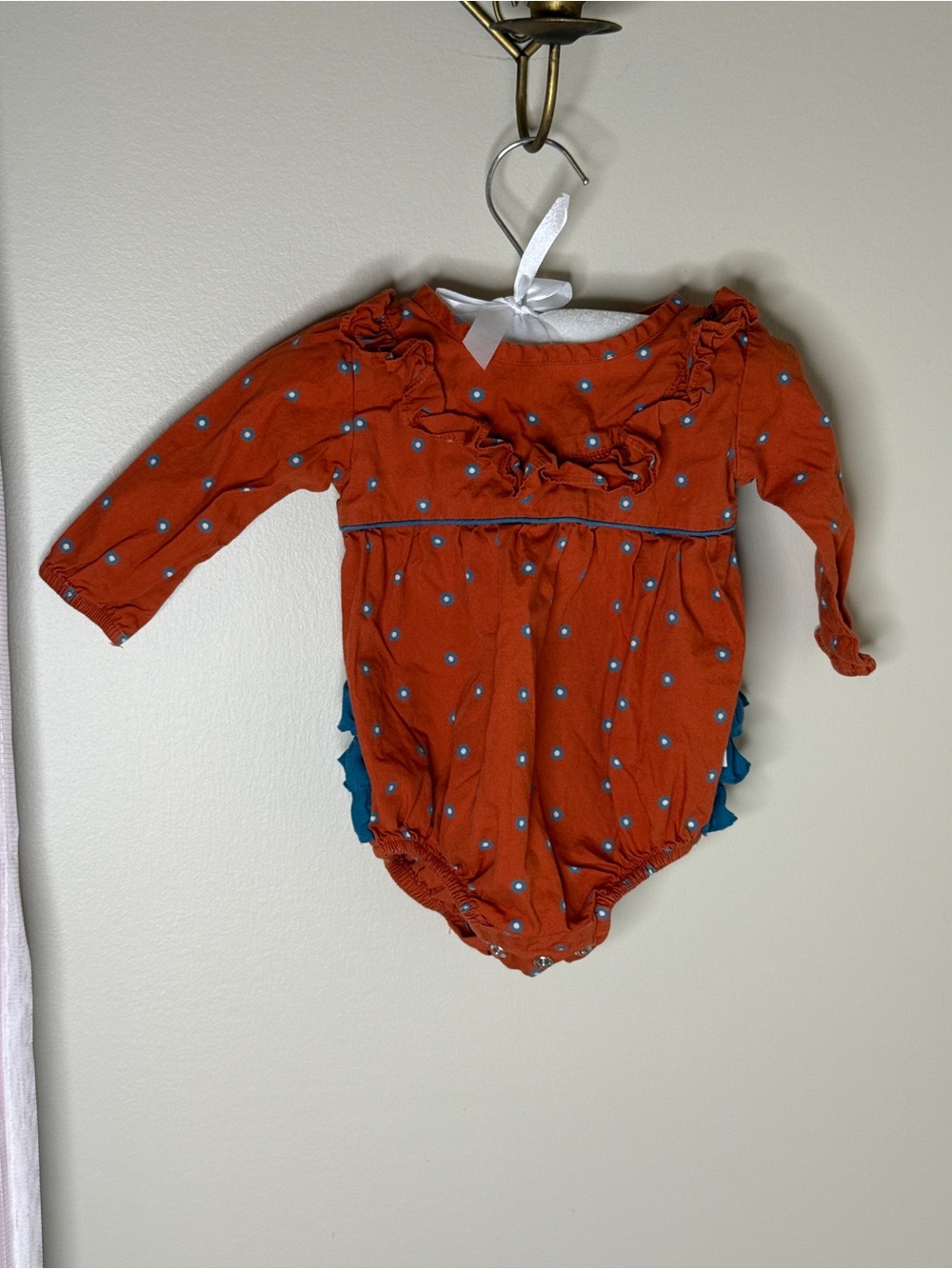 Ruffle Butts Rust One-Piece with Blue Dot Ruffles